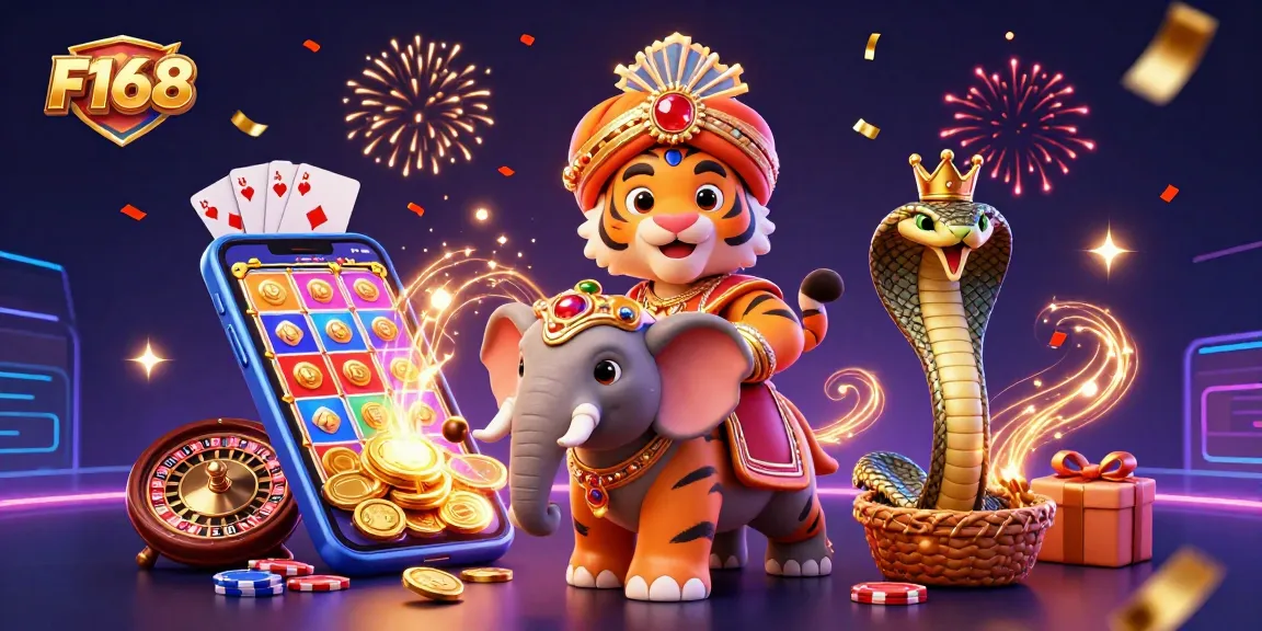 Experience thrilling gaming with F168's vibrant illustration featuring iconic characters and elements.