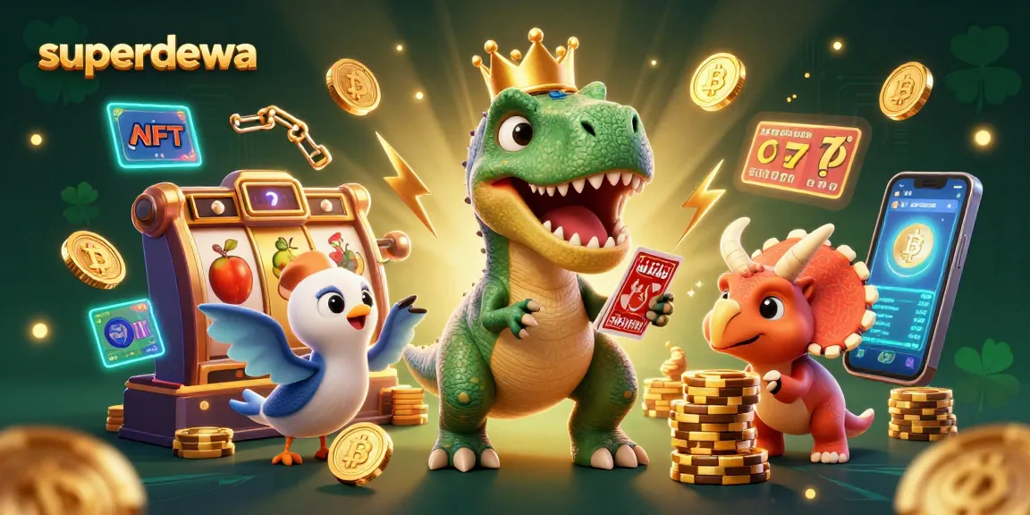 Menangkan jackpot dengan superdewa saat karakter mengocok kartu, dikelilingi simbol slot dan koin digital.