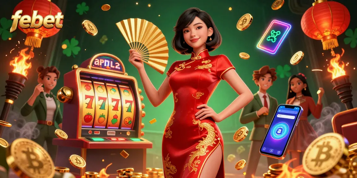 Experience febet's vibrant casino scene with crypto elements and a confident Asian woman in a qipao.