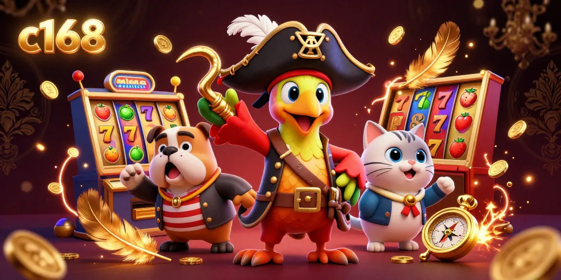 C168 casino adventure featuring thrilling slot machine action with a cartoon pirate crew.