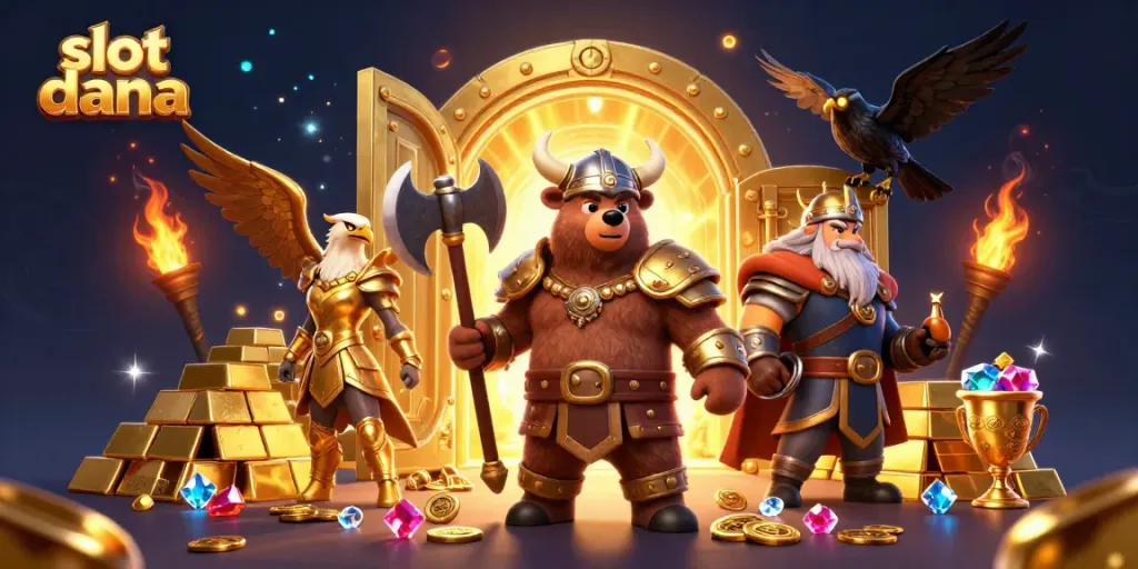 Bermain slot dana dengan simbol keberuntungan dan harta karun berkilau di depan slot yang menarik.