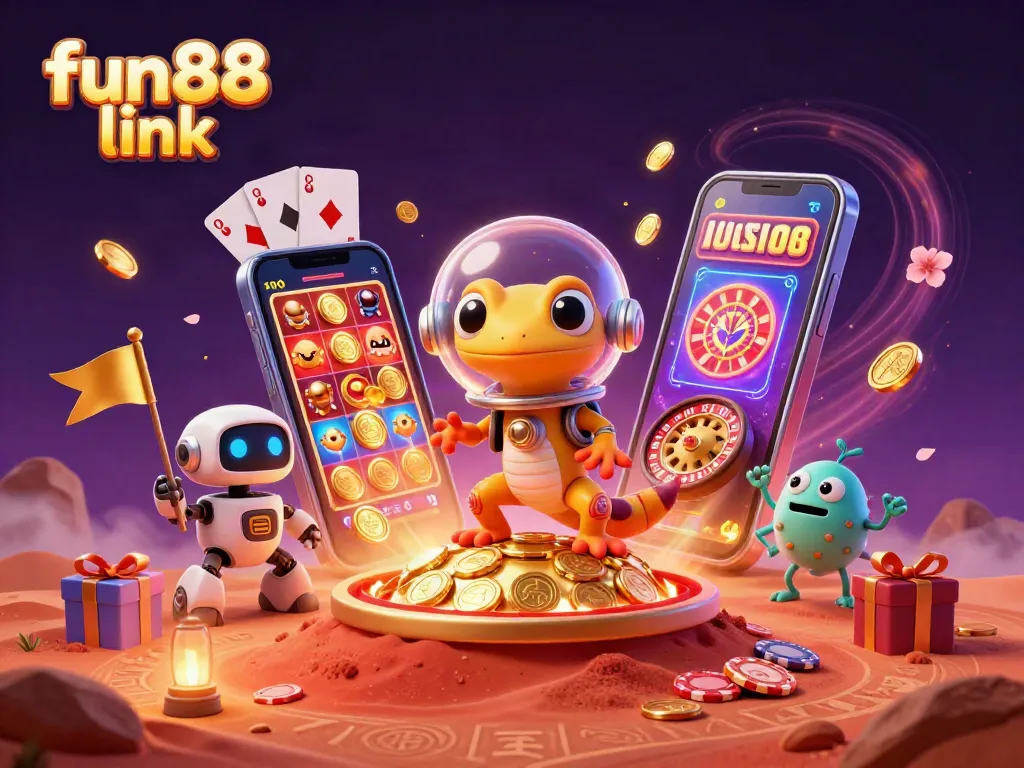 Experience gaming excitement with the fun88 link showcasing a Martian gecko discovering a golden casino.
