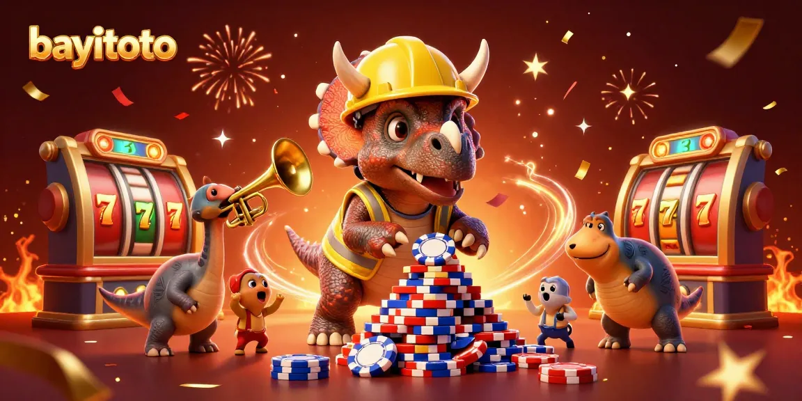 Experience the excitement of bayitoto as the triceratops builds a poker chip tower with playful celebration.