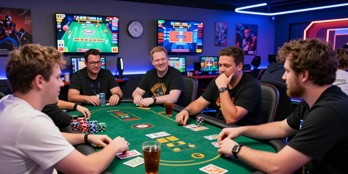 Exciting online gaming session with players immersed in card games like sunwin, vibrant screens and neon lights creating a thrilling atmosphere.