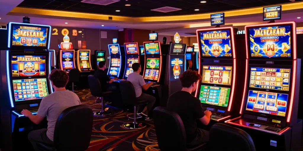 Exciting slot machines in a lively online casino environment with players enjoying the experience.