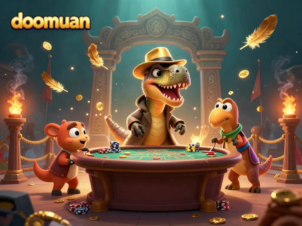 Experience thrilling card games with doomuan's cartoon dinosaurs in an energetic casino scene.
