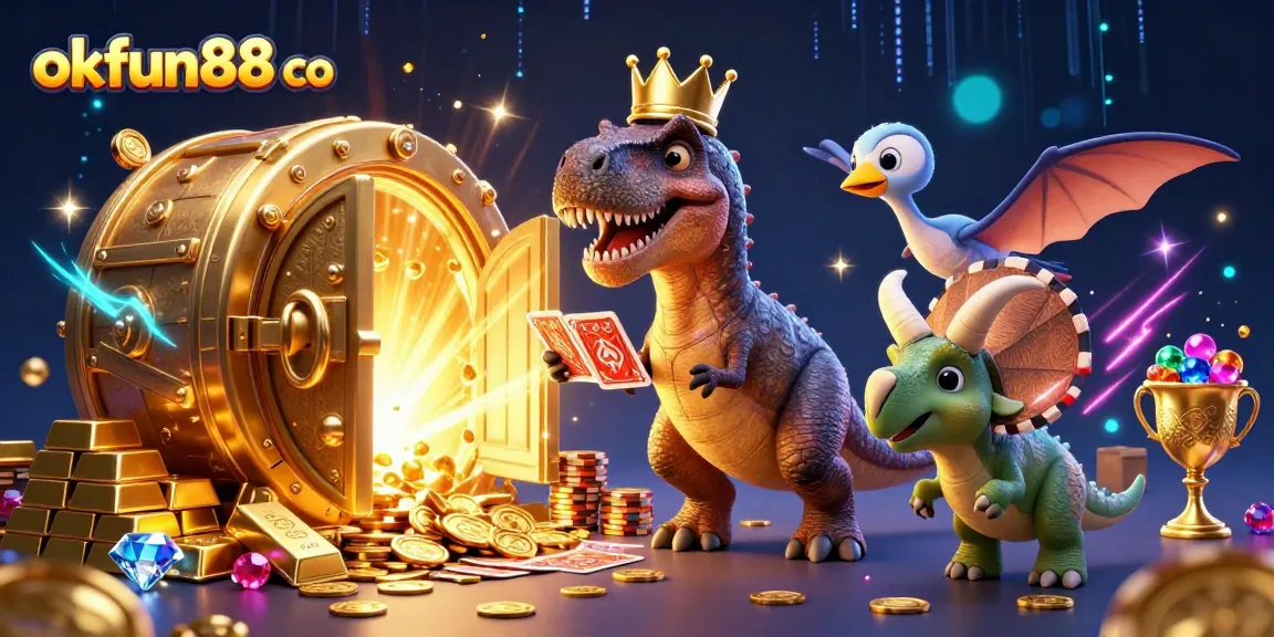Experience winning thrills with okfun88 co's vibrant casino scene featuring playful dinosaur characters.