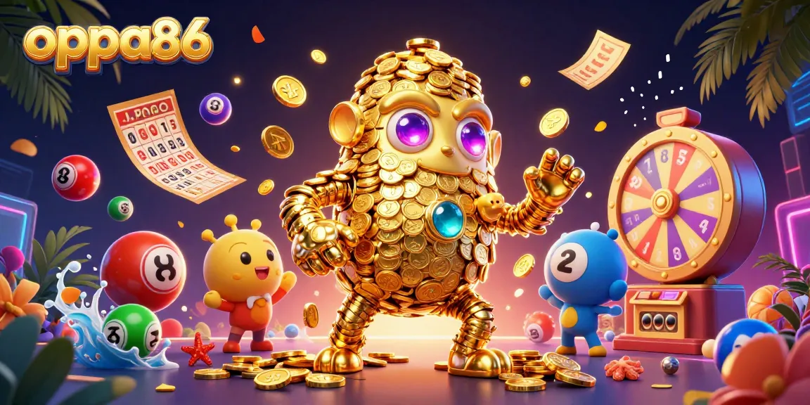 Play to win with oppa86 at this vibrant casino scene filled with gold coins and dynamic gaming elements.