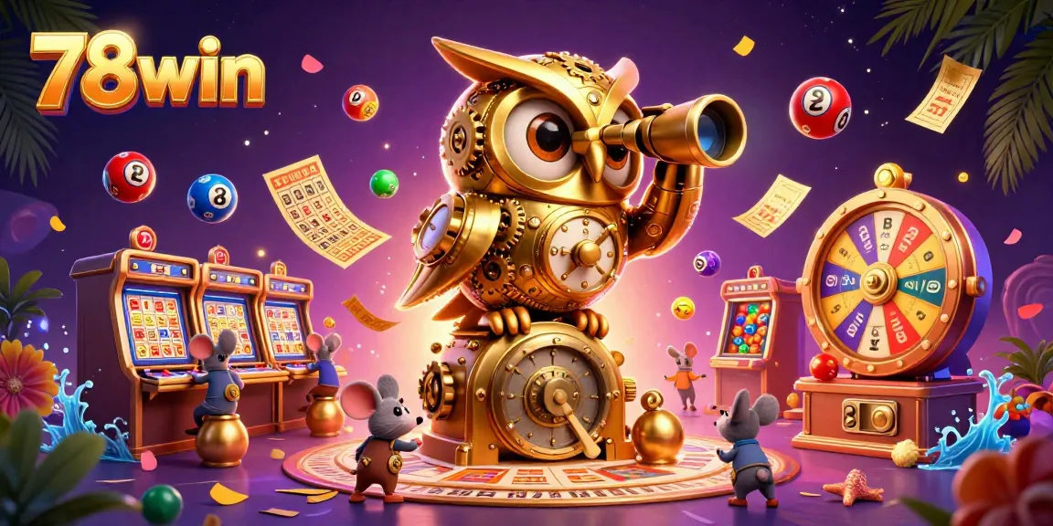 Experience the thrill of 78win as the golden owl oversees a vibrant casino scene filled with lottery excitement.