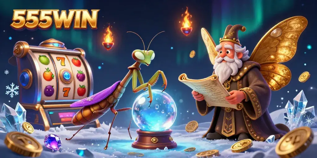 Experience thrilling gameplay with 555WIN in this vibrant 3D illustration featuring slot machines and mystical characters.
