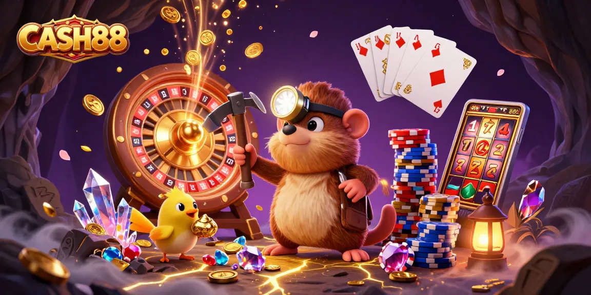 CASH88 visualizes an exhilarating casino experience with vibrant characters and iconic gaming elements.