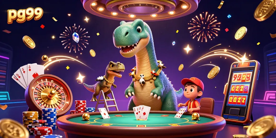 Experience exciting gaming at pg99 with a giant brontosaurus in a vibrant casino scene.