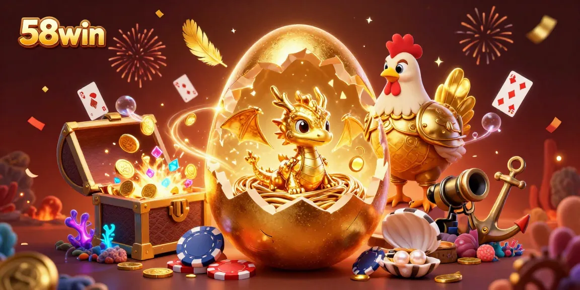 Experience the excitement of 58win with golden creatures and poker chips in a vibrant casino scene.