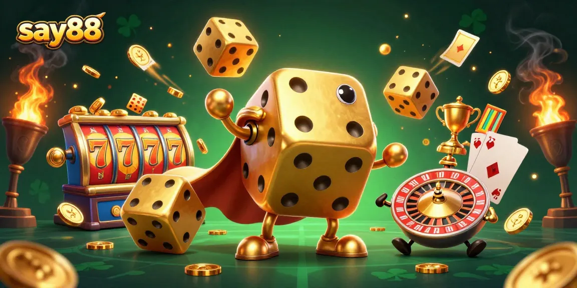 Bet big at say88 with dynamic casino action featuring golden dice, slot reels, and vibrant gameplay!