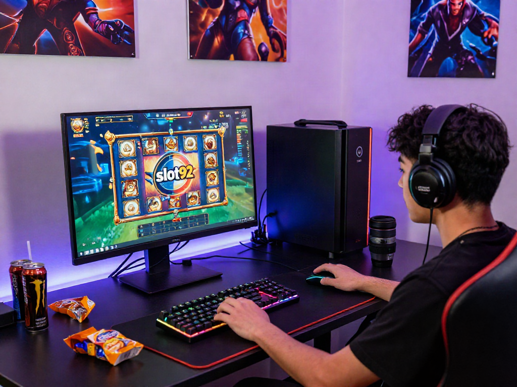 Gamer experiencing exciting gameplay with slot92 logo in vibrant online gaming setup.