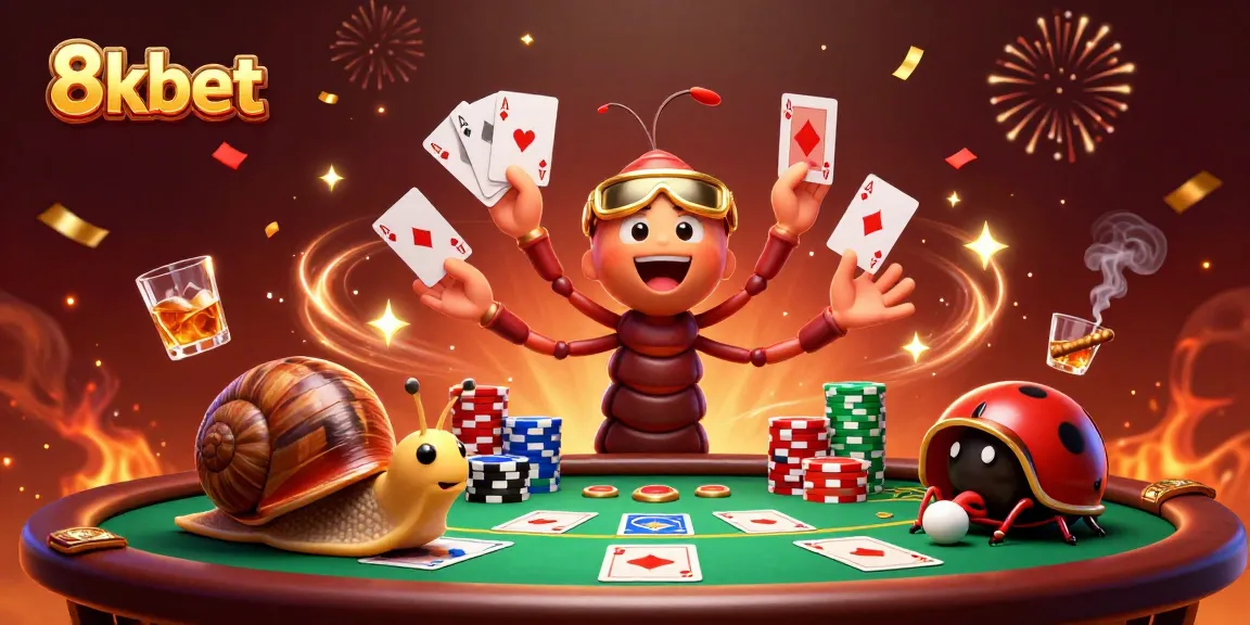 Experience the excitement of 8kbet at this vibrant cartoon casino scene with dealers and players.