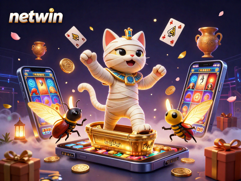 Experience the thrill of netwin with a dynamic 3D casino scene featuring an Egyptian mummy cat and exciting games.