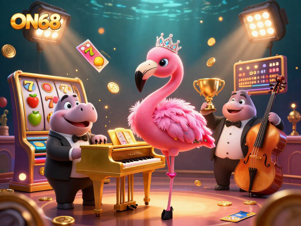 Experience ON68's vibrant casino scene with a flamingo singer and dynamic gaming elements.