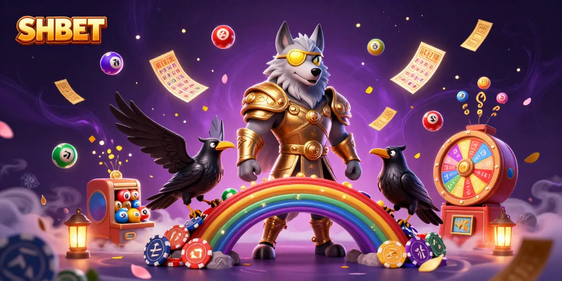 Engage with SHBET's thrilling scenes filled with lottery balls, a vibrant prize wheel, and animated gaming elements.