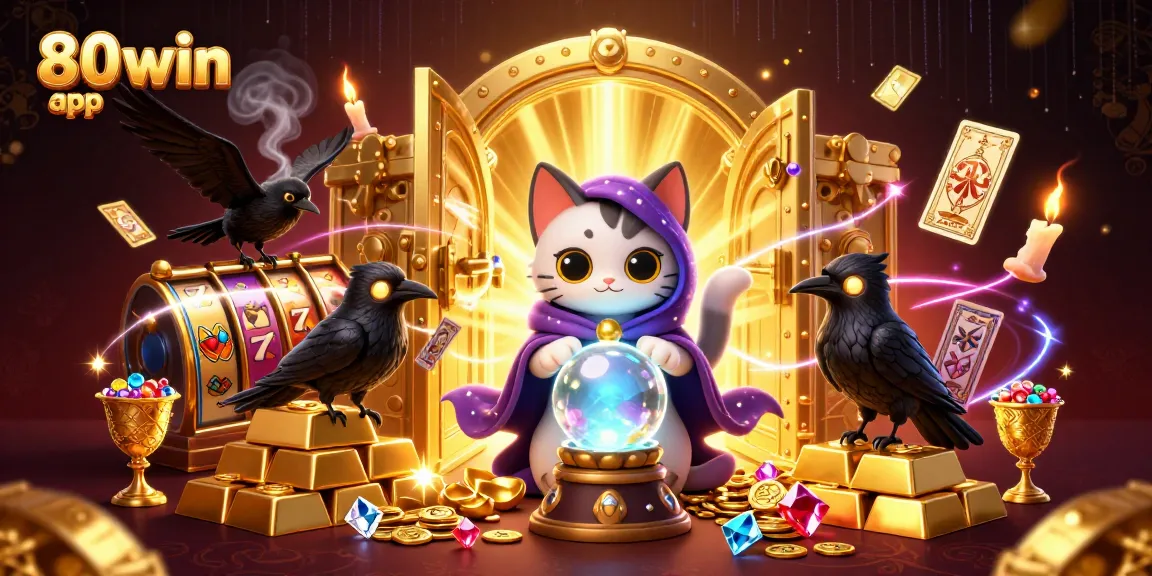 Engage with the 80win app in an immersive casino experience featuring a mystic cat and vibrant slot elements.