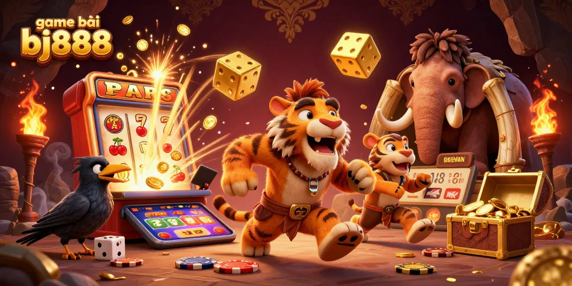 Experience game bài bj888 with 3D characters enjoying vibrant casino action and slot machine jackpots.