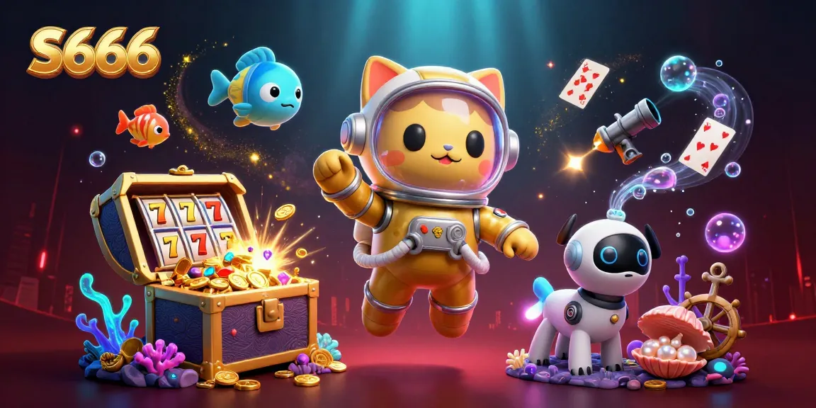 S666 gaming adventure with a golden astronaut cat and robot dog amidst floating slots and treasure