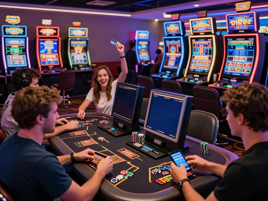 Players enjoying credit card casinos with vibrant gaming activities and excitement in a lively atmosphere.