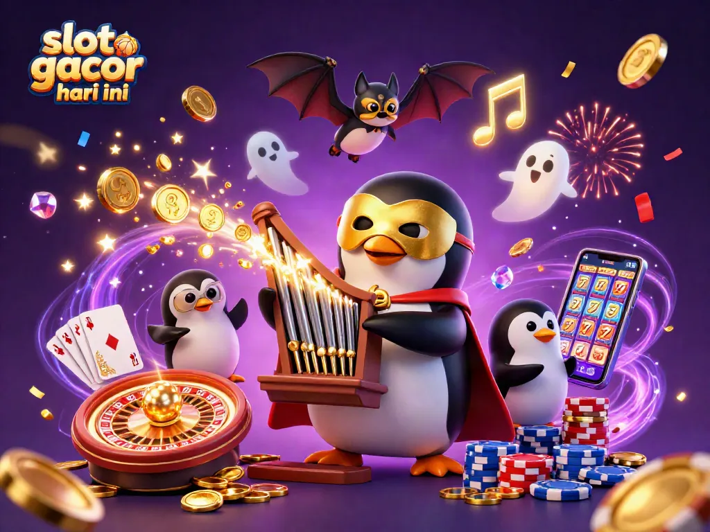 Experience slot gacor hari ini with a whimsical 3D illustration of a penguin playing an organ shooting coins.