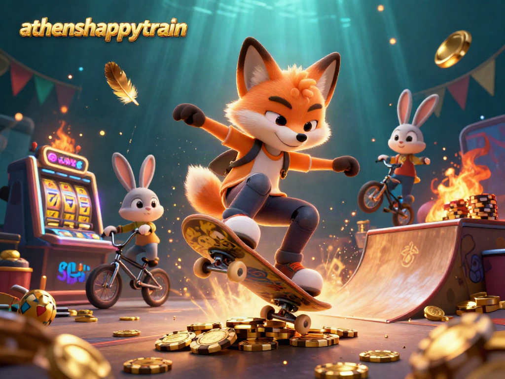 Athenshappytrain showcases thrilling casino action with a skateboarder fox and BMX rabbit amidst golden poker chips.