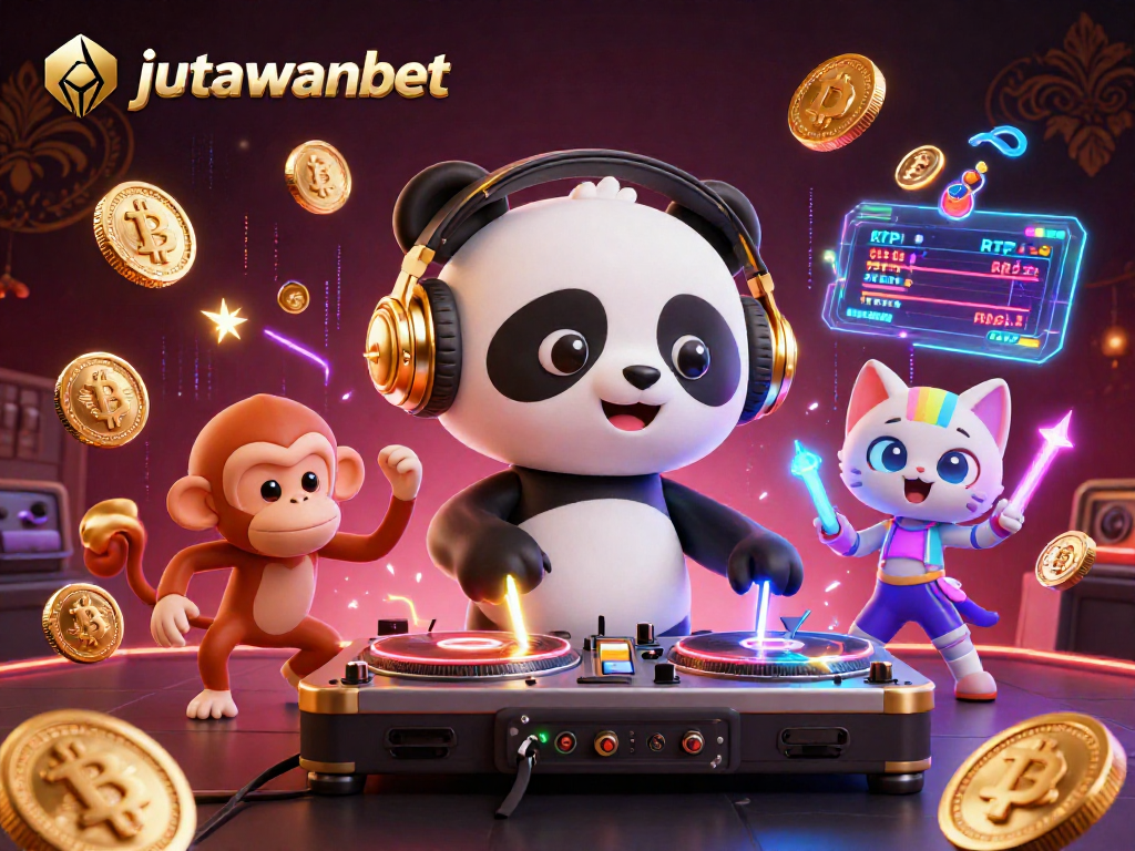 Spin the reels with jutawanbet in this vibrant, action-packed casino scene featuring playful characters.