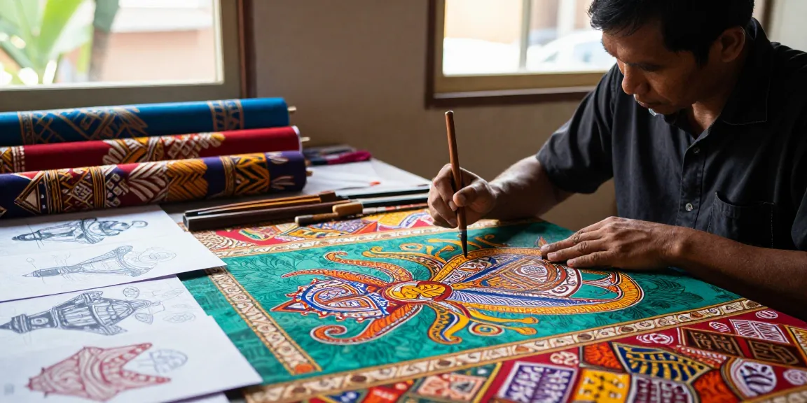 Proses pembuatan batik 88 oleh pengrajin di workshop terbuka, dikelilingi kain warna-warni.