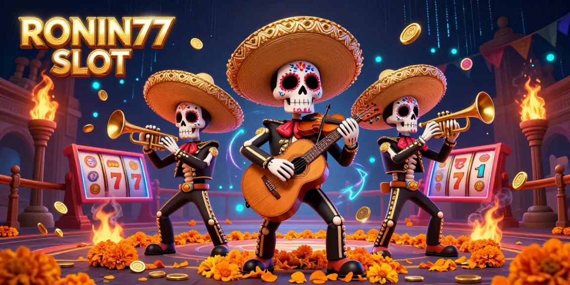 Experience the excitement of RONIN77 SLOT with vibrant skeleton mariachi characters and slot-themed elements in this dynamic casino illustration.