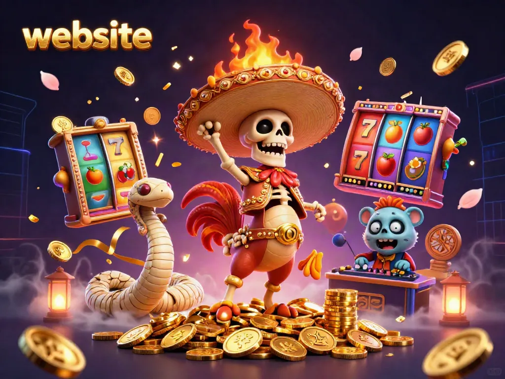 Website slot dengan skeleton dan simbol keberuntungan dalam ilustrasi 3D berwarna-warni.