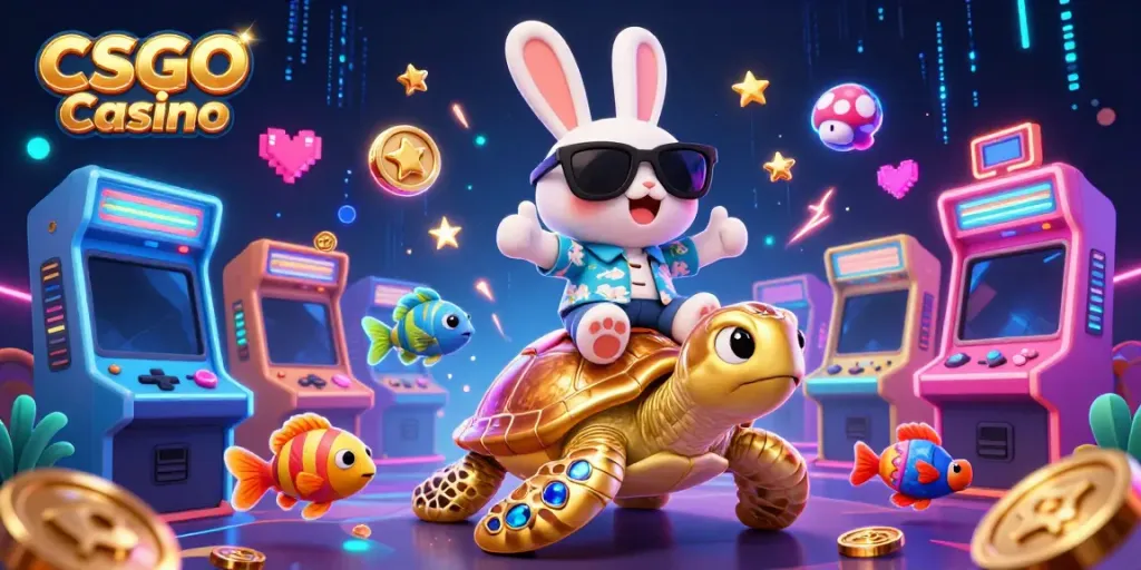 Engage in CSGO Casino fun with a lucky rabbit and a giant turtle in a vibrant gaming scene.