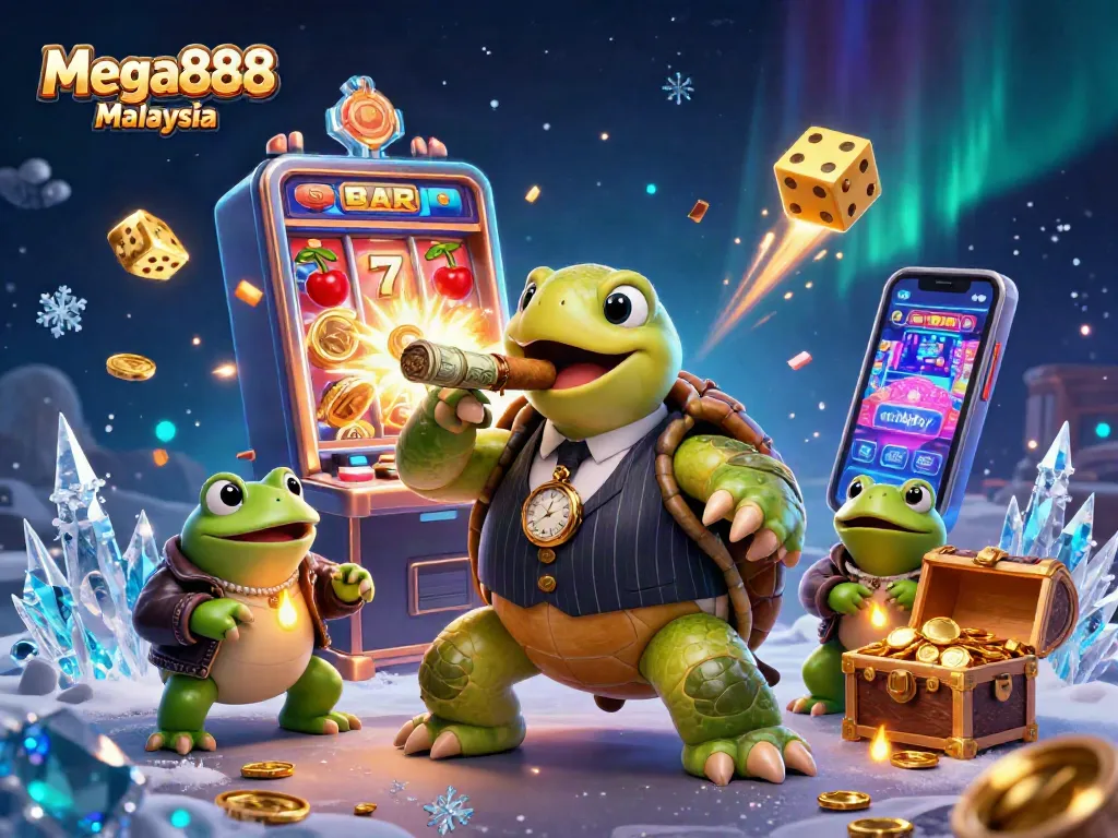 Mega888 Malaysia showcases vibrant 3D cartoon characters celebrating big wins at a thrilling slot machine.