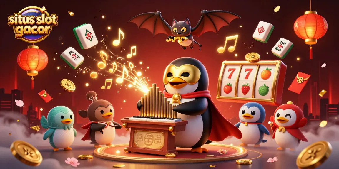 Situs Slot Gacor showcases a vibrant scene of a penguin playing organ among floating symbols and golden coins.