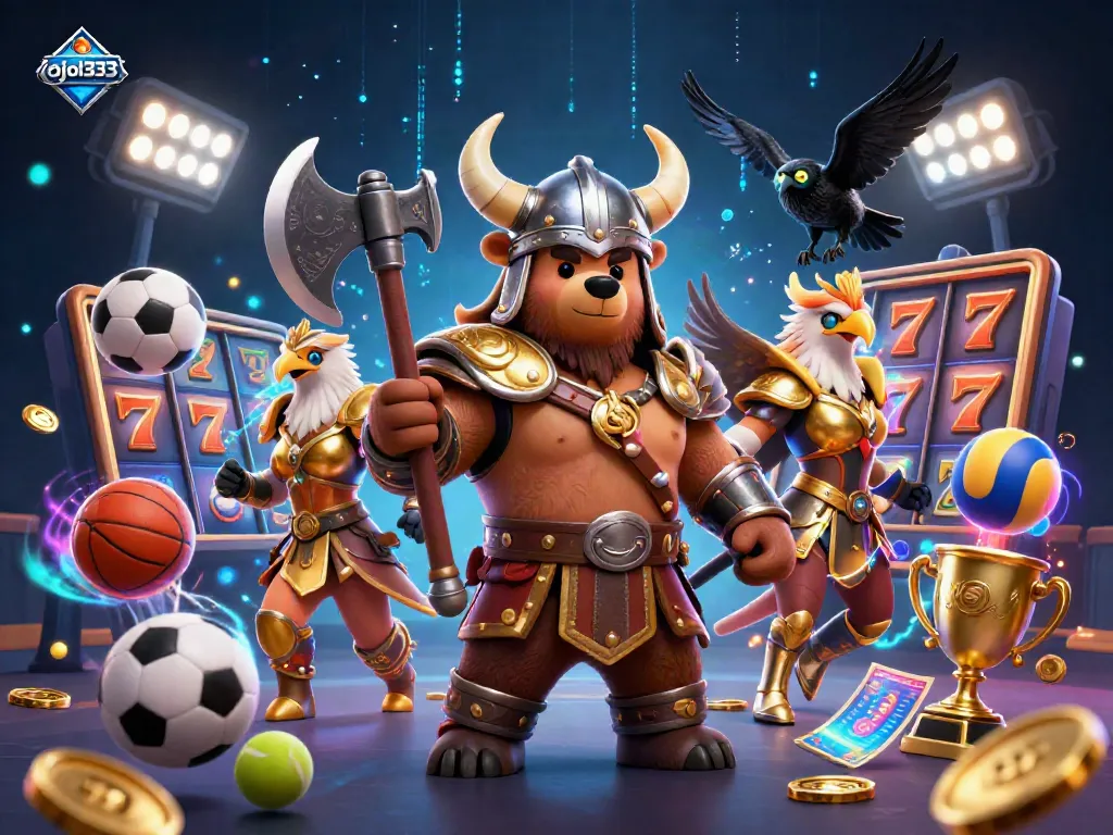 Engage with thrilling gambling moments at ojol333, where a Viking bear battles for jackpot wins amidst vibrant slot elements.