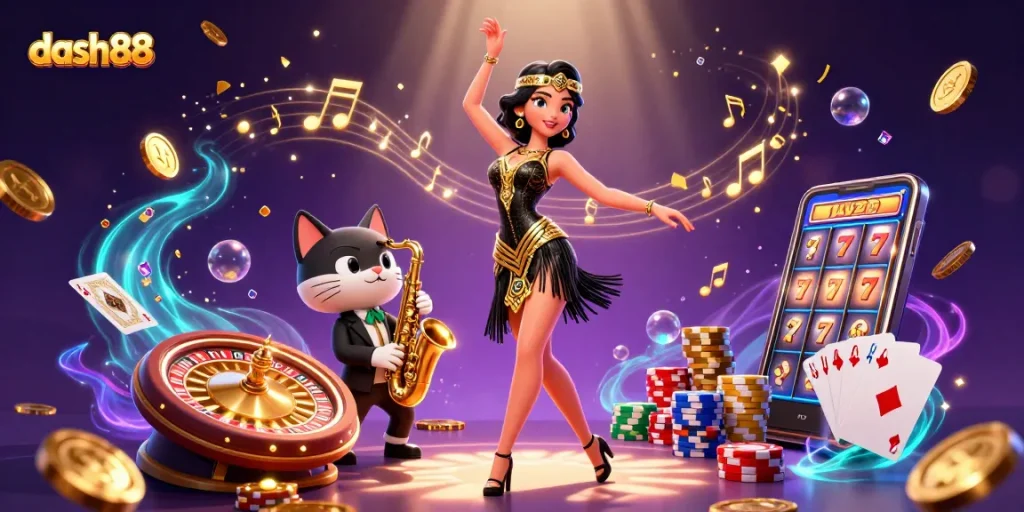 Experience the excitement at dash88 with a vibrant 3D casino illustration showcasing spinning slot reels and colorful chips.