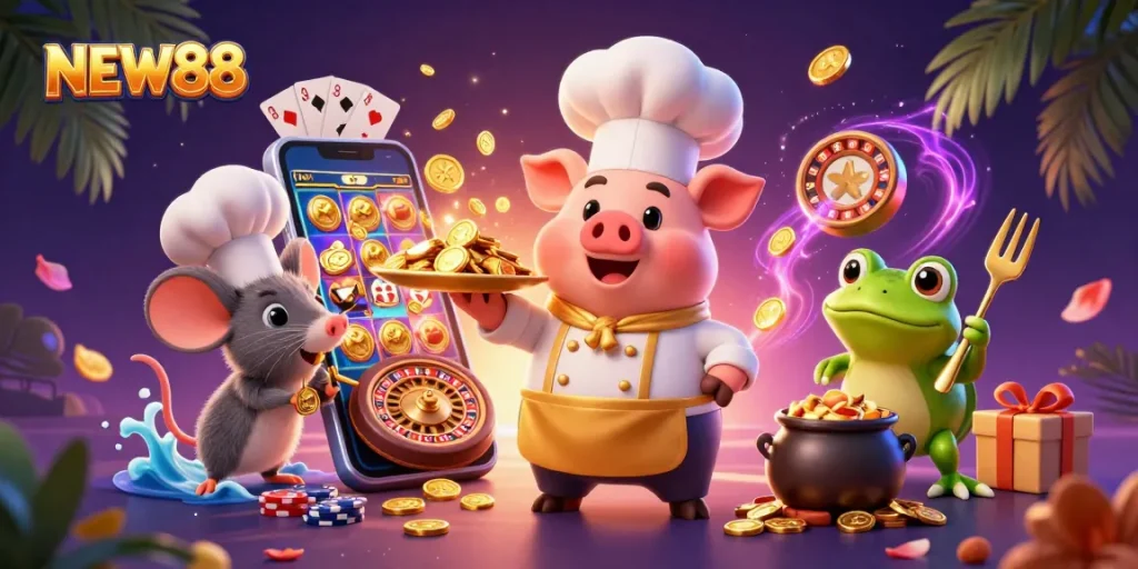 Experience the thrill of winning with NEW88's vibrant casino scene featuring playful characters and dynamic games.