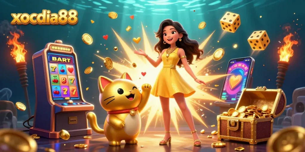 Xocdia88 slots scene with cheerful woman interacting with a lucky cat amidst a jackpot explosion.