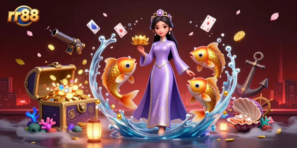 Spin to win with rr88, vibrant casino illustration featuring a graceful woman and golden koi.