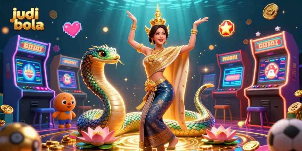 Experience judi bola with vibrant arcade games and an enchanting Thai-themed illustration.