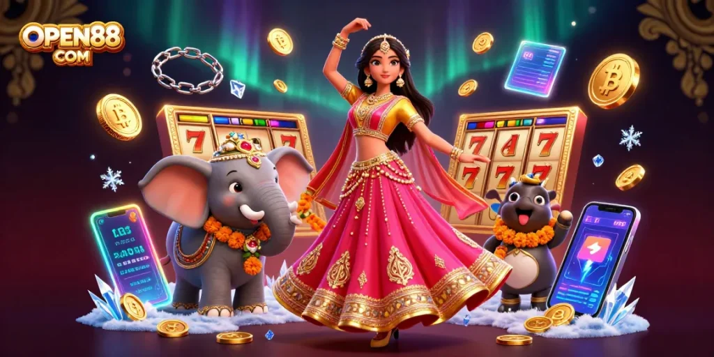Join the excitement with OPEN88 COM as players spin the reels for thrilling jackpots in a vibrant casino setting.