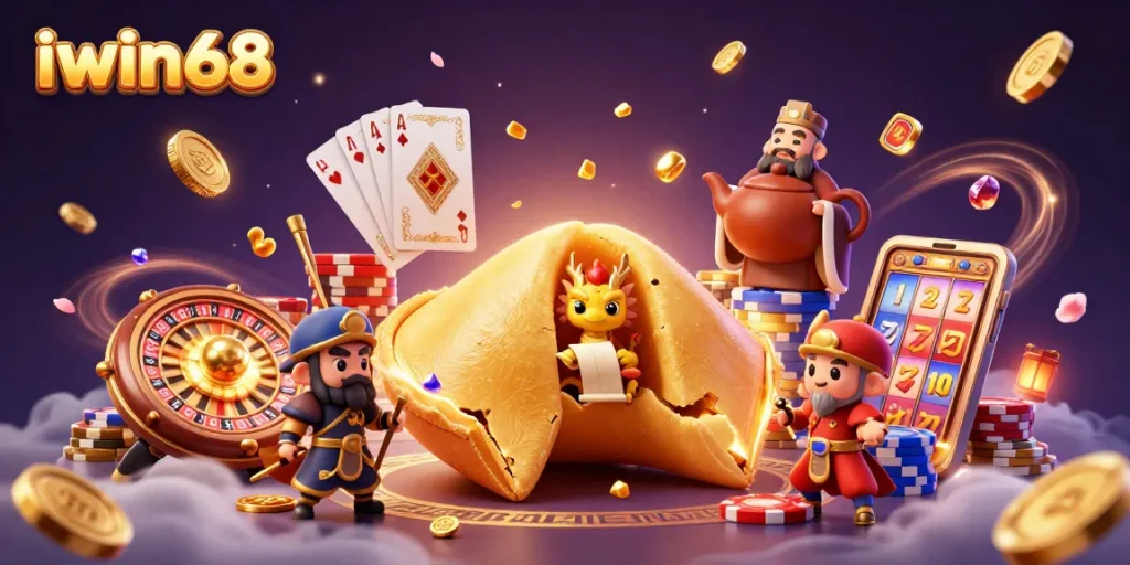 Experience excitement with iwin68 featuring a fortune cookie, dragon, and casino elements.
