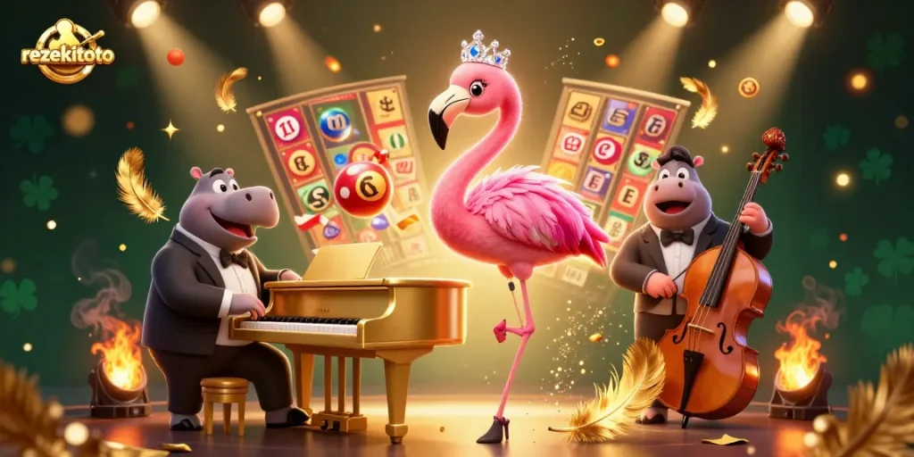 Engage with rezekitoto as a dynamic lottery-themed illustration featuring a lively flamingo singer and hippo bassist.