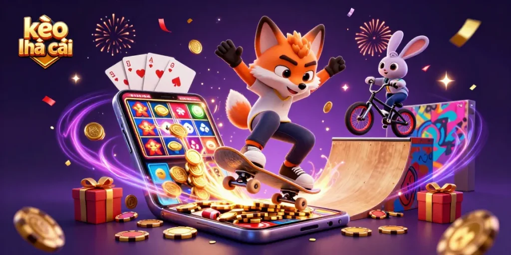Experience kèo nhà cái thrills with a 3D illustration featuring a skateboarder fox, BMX rabbit, and casino symbols in a dynamic scene.
