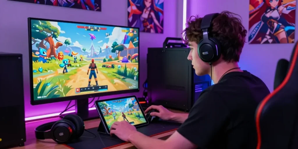 Engaged player exploring an android hentai game in a vibrant gaming room.