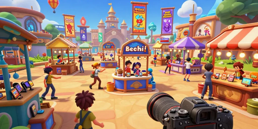 Engaging scene of players enjoying 3D ecchi game in a vibrant marketplace.