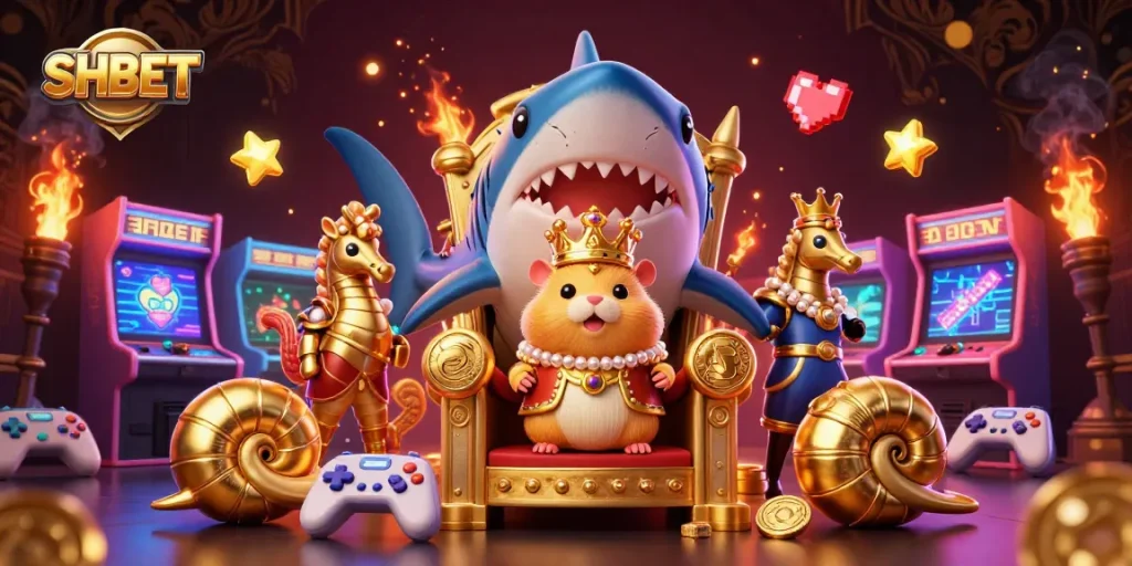 Experience vibrant SHBET casino gameplay with a fierce hamster king and royal seahorse guards.