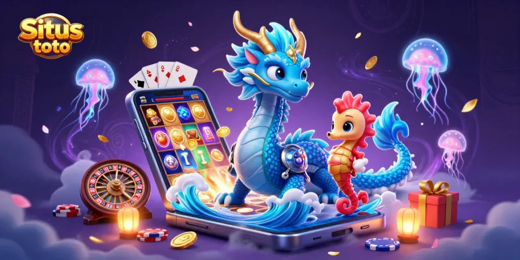 Situs toto features a majestic azure water dragon surrounded by a seahorse knight and jellyfish, showcasing thrilling slot games.